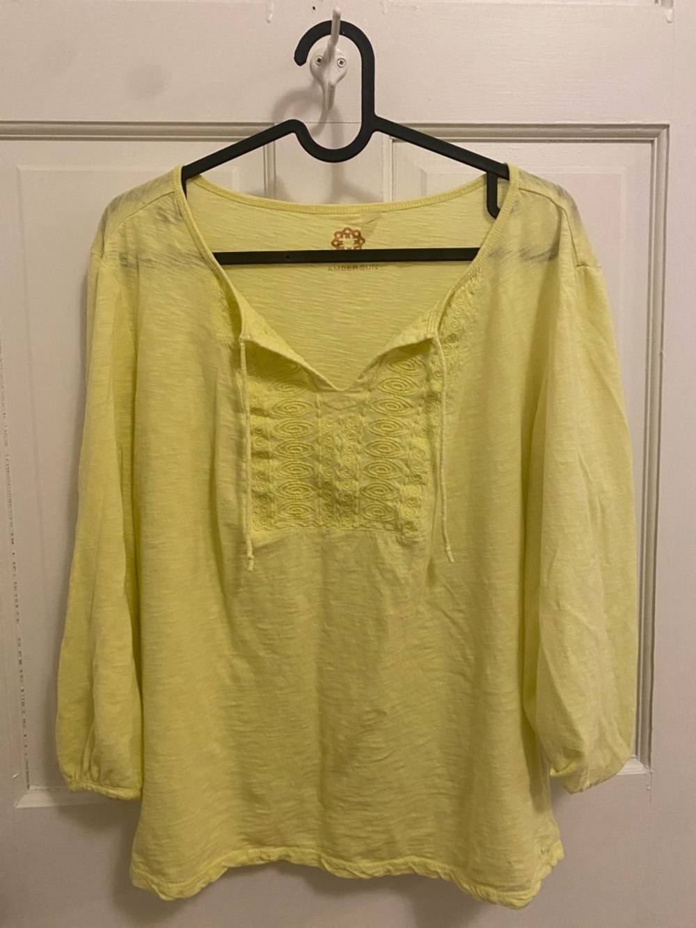 Amber Sun 100% Cotton Women's Neon Yellow Embroidered Boho Peasant Top Size M